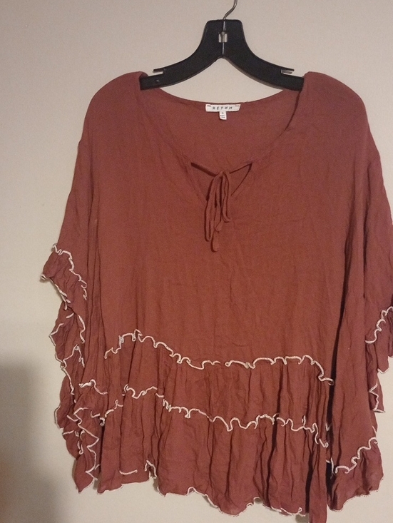 Rethm Tops - Women’s Dusty Rose Keyhole Tie-Front Baby Doll Ruffle Tunic Top White Stitching
